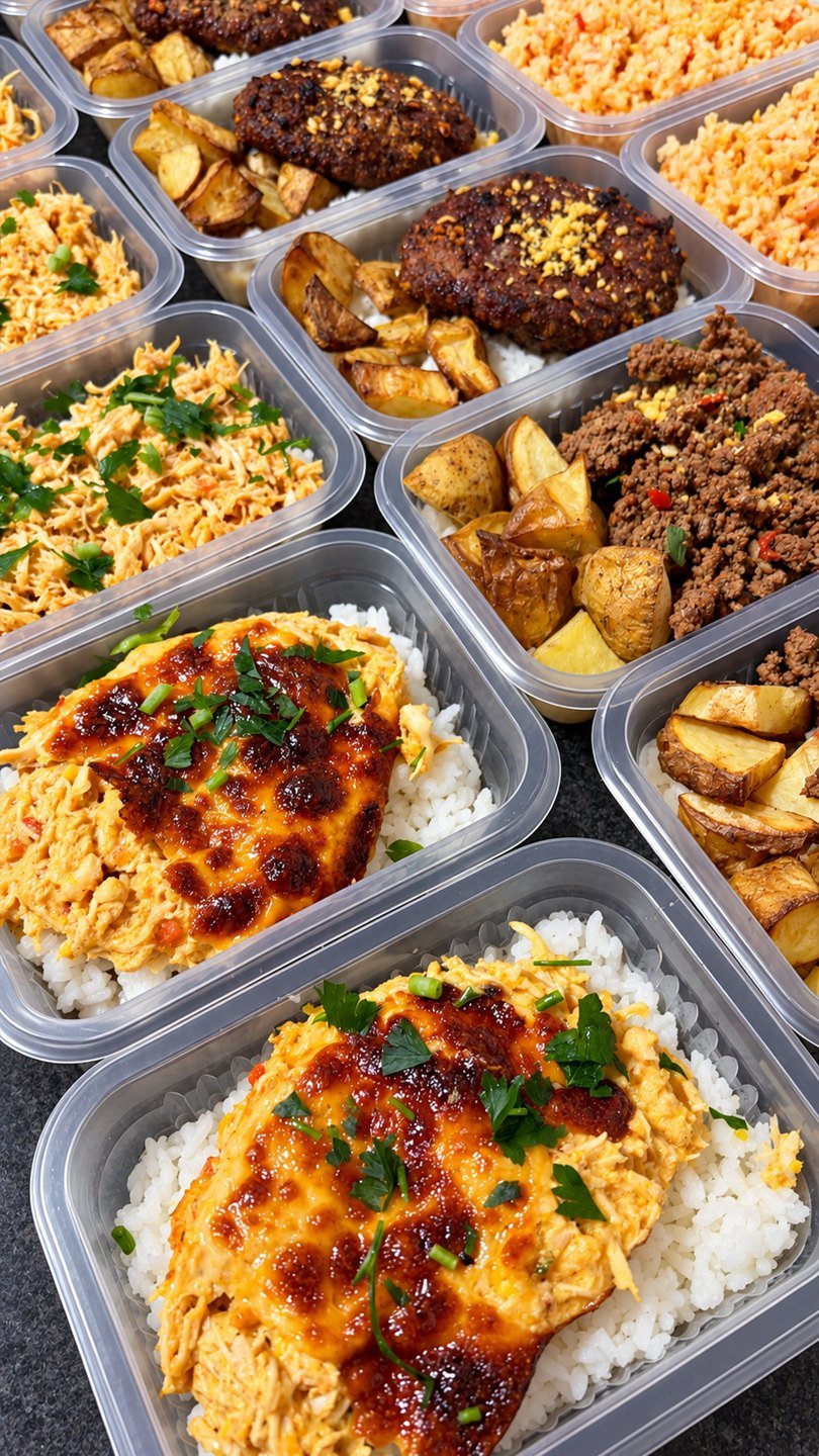 Marmitas personalizadas com frango desfiado gratinado sobre arroz, hambúrguer com batata e carne moída com batata assada
