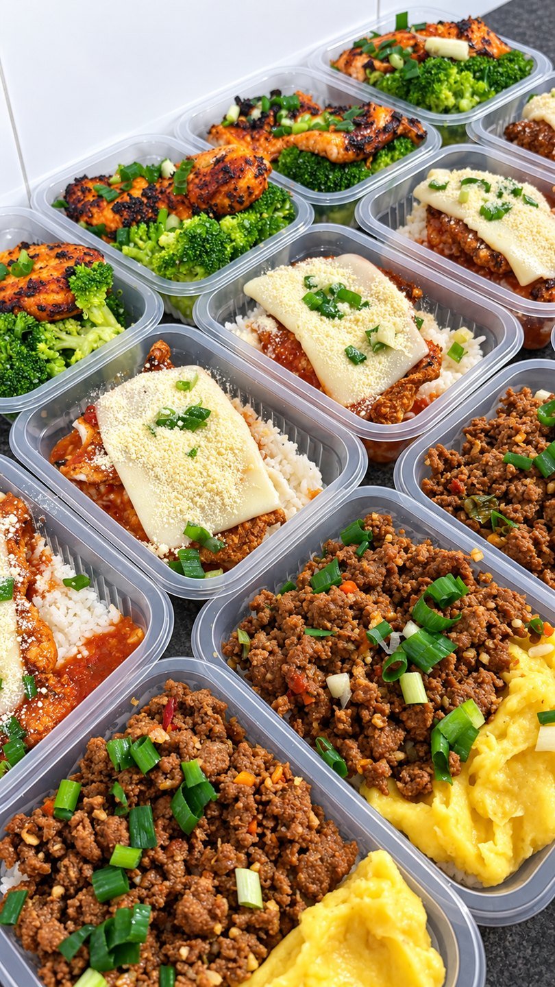 Marmitas da linha Fit lado a lado: frango grelhado com brócolis, parmegiana gratinada e carne moída com purê