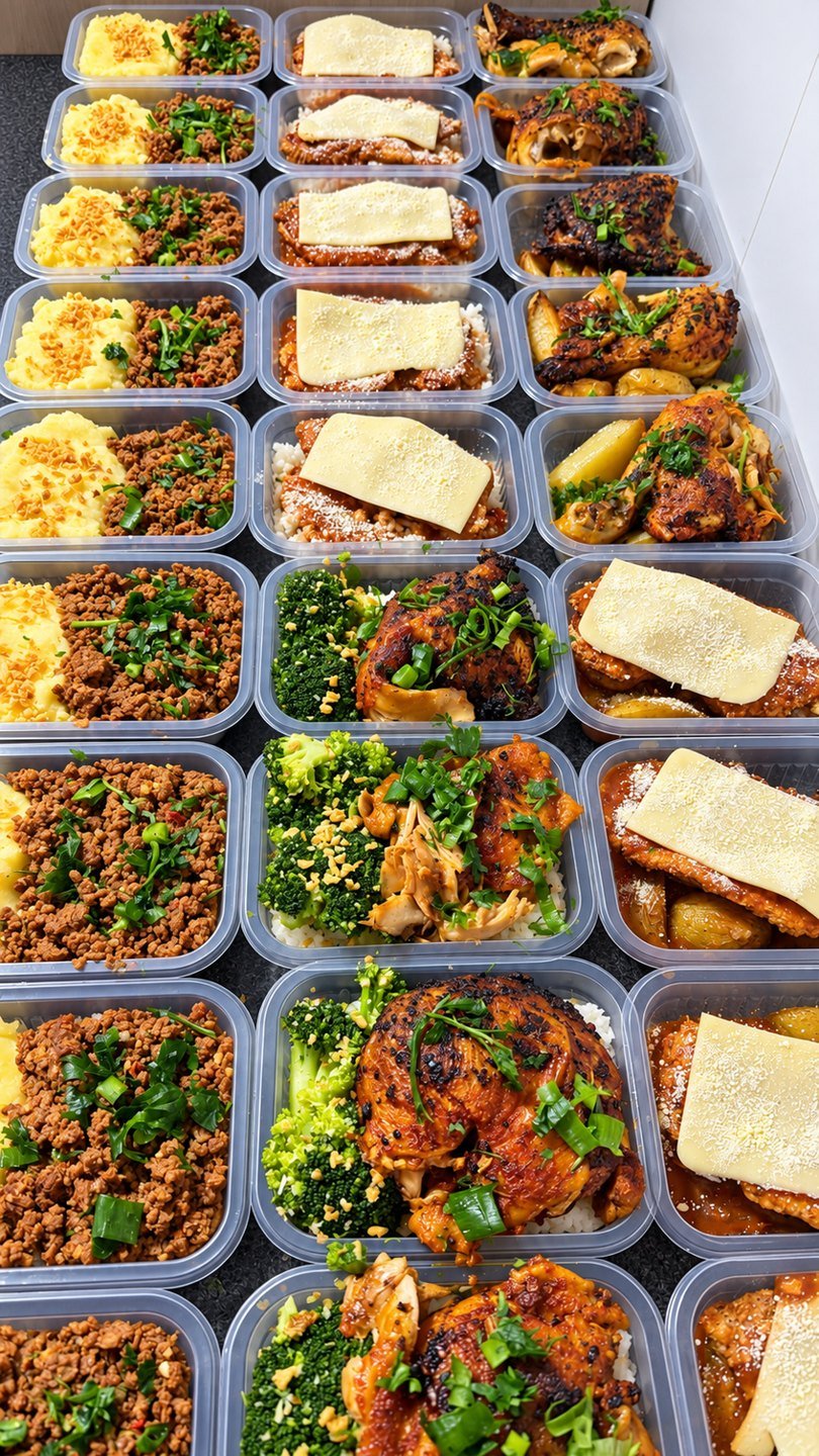 Marmitas do Kit Praticidade em fileiras: frango assado com brócolis, parmegiana e carne moída com purê